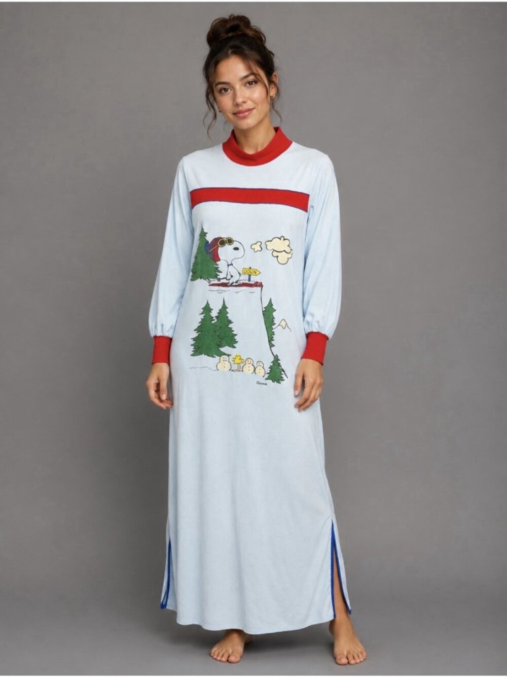 Vintage 80s Womens M SNOOPY Peanuts Blue Long Sleeve Christmas Holiday Nightgown